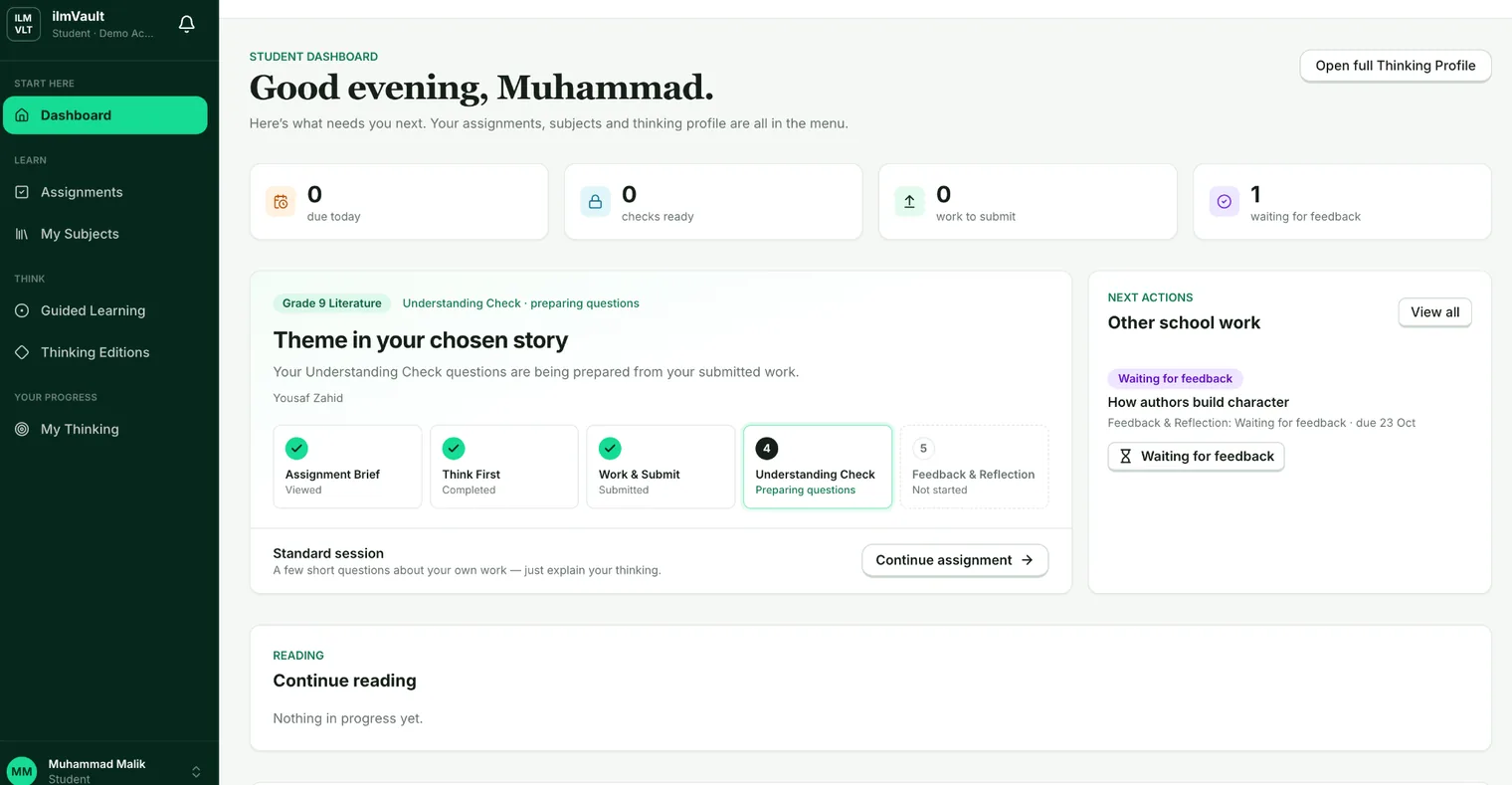 Actual ilmVault institutional student dashboard showing assignment progress, next actions and reading activity