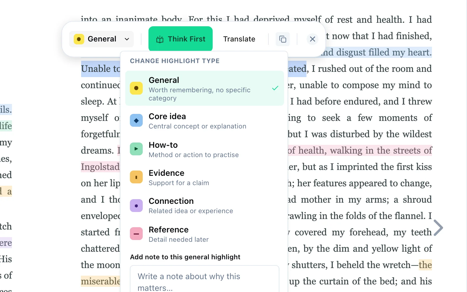 Six colour-coded highlight purposes in the ilmVault reader