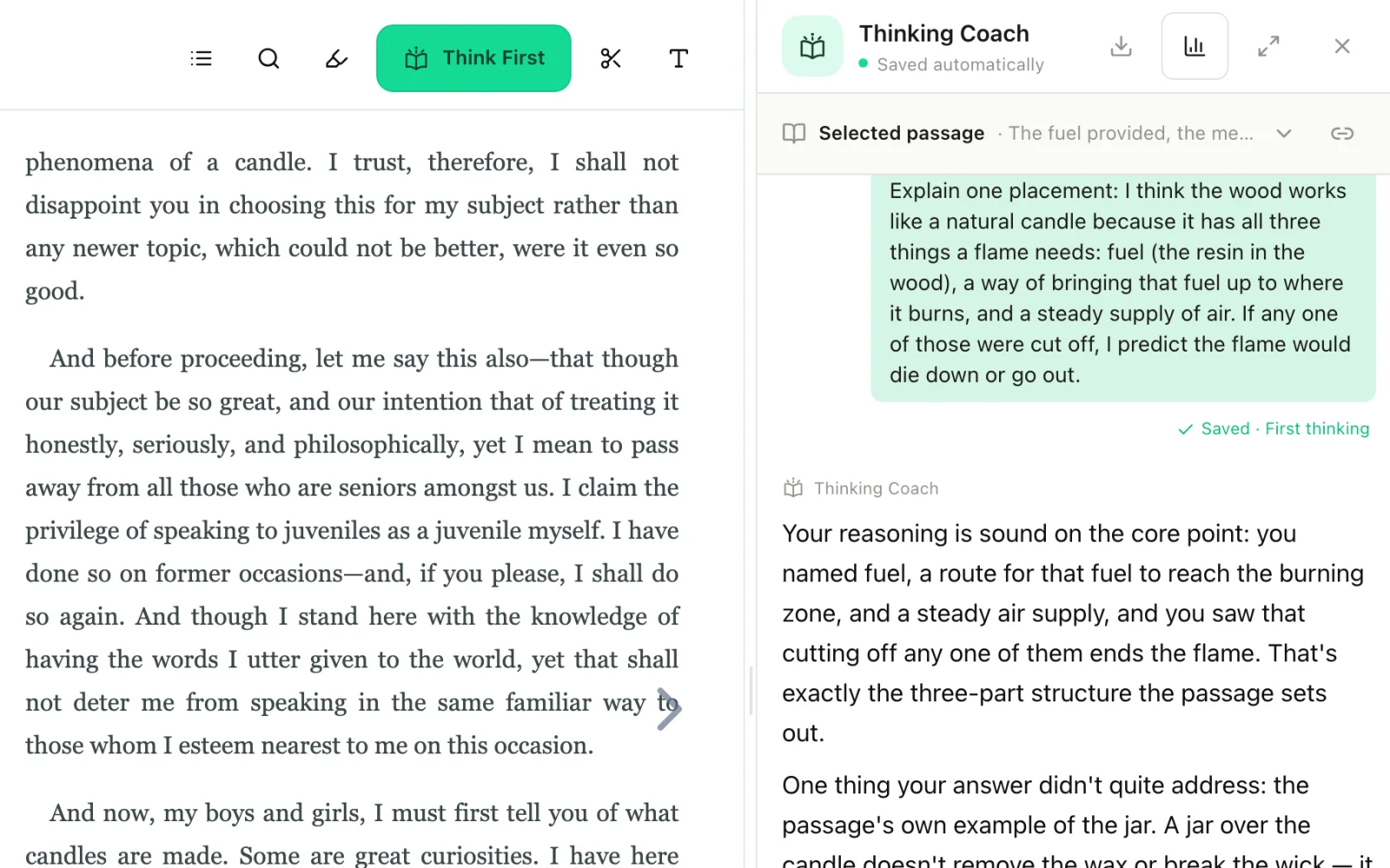 Think First prompt requiring the reader’s own prediction and explanation